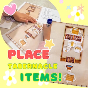Op de afbeelding: Een knutselactiviteit voor kinderen met de tekst "PLACE TABERNACLE ITEMS!". De afbeelding toont een kind dat papieren uitsparingen van tabernakelitems op een afgedrukt diagram rangschikt, met een lijmstift en decoratieve elementen.