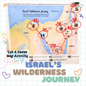 Może przedstawiać: Wydrukowana mapa edukacyjna zatytułowana Israel's Wilderness Journey z kolorową ilustracją Bliskiego Wschodu. Ćwiczenie zawiera ponumerowane lokalizacje, czerwone ścieżki oraz małe wycięte obrazki przedstawiające wydarzenia biblijne na mapie.