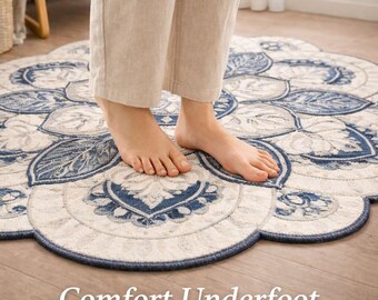 Handmade Woolen Floral Mandala Rug, Blue Ivory Boho Carpet.