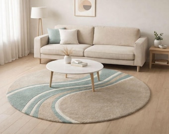 Round Teal Wave Rug, Hand Tufted Wool Area Rug, Modern Scandinavian Boho Carpet