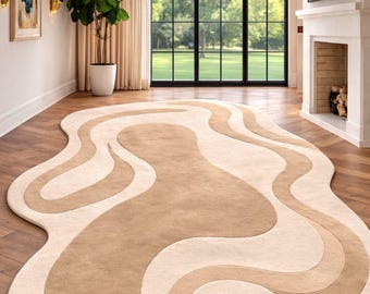 Hand Tufted Wool Blob Rug, Abstract Beige Ivory Modern Area Rug