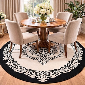 May include: A round wooden dining table with a central pedestal base, surrounded by four beige upholstered chairs. A glass vase filled with white hydrangeas sits on the table. The set rests on a large circular rug with a black and white pattern.