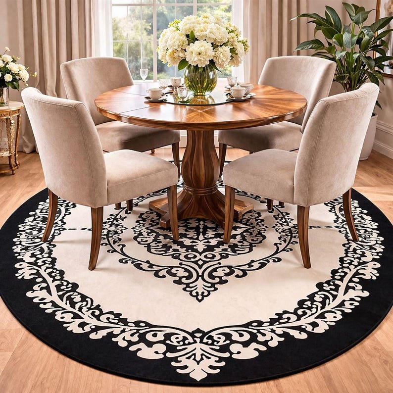 May include: A round wooden dining table with a central pedestal base, surrounded by four beige upholstered chairs. A glass vase filled with white hydrangeas sits on the table. The set rests on a large circular rug with a black and white pattern.