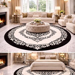 May include: A round hand-tufted rug featuring a cream-colored center with a black border and a symmetrical black damask-style pattern. The text "Premium Handtufted For Living Room & Bedroom" is displayed at the top of the image.