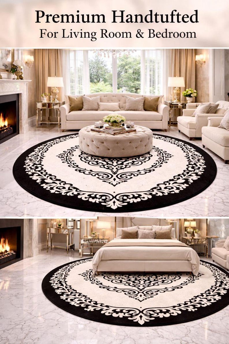 May include: A round hand-tufted rug featuring a cream-colored center with a black border and a symmetrical black damask-style pattern. The text "Premium Handtufted For Living Room & Bedroom" is displayed at the top of the image.