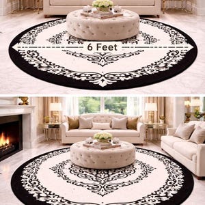 May include: A circular area rug featuring a cream-colored center with a black ornate damask border pattern. The rug has a diameter of 6 feet as indicated by the text overlay. The design includes symmetrical floral motifs in black against a light background.