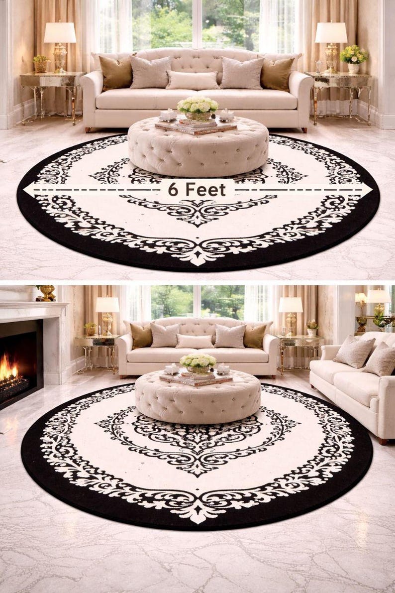 May include: A circular area rug featuring a cream-colored center with a black ornate damask border pattern. The rug has a diameter of 6 feet as indicated by the text overlay. The design includes symmetrical floral motifs in black against a light background.