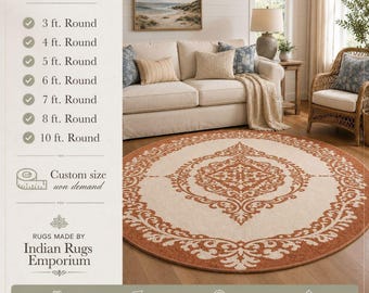 Hand Tufted Wool Round Rug, Damask Medallion Design in Black and Ivory