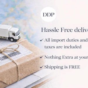 May include: A small white toy delivery truck sits atop a brown cardboard parcel tied with twine. The text reads: DDP, Hassle Free delivery, All import duties and taxes are included, Nothing Extra at your Door, and Shipping is FREE.