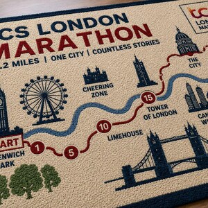 Alfombra del Maratón de Londres, alfombra de lana tejida a mano, alfombra con mapa del recorrido del maratón, regalo para corredores, decoración para el día de la carrera, alfombra con monumento de Londres, maratón personalizada