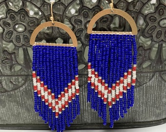 Red, White & Blue Earrings, Patriotic Fringe Earrings, Womens Jewelry, Fourth of July Earrings, Dangle Earrings, Gift for her, Jewelry gift