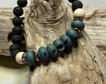 Blue Druzy Agate & Lava Stone Stretch Bracelet, Boho Jewelry, Boho,  Stretch Bracelet, Gift for her, Womens Jewelry, Womens Bracelet,