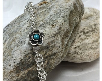 Sterling Flower Bracelet, Sterling, Turquoise, Bracelet, Sterling Silver, Jewelry, Chain Mail, Chainmaille, Women's Jewelry, Gift, 7.0"