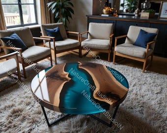Custom Olive Wood River Coffee Table, Epoxy Resin, Live Edge