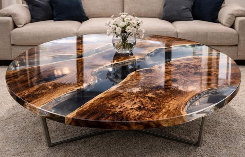 May include: Oval coffee table with a unique design. The tabletop features a glossy, dark brown wood grain pattern with a river of dark blue resin. The table has a metal base and a vase of white flowers.