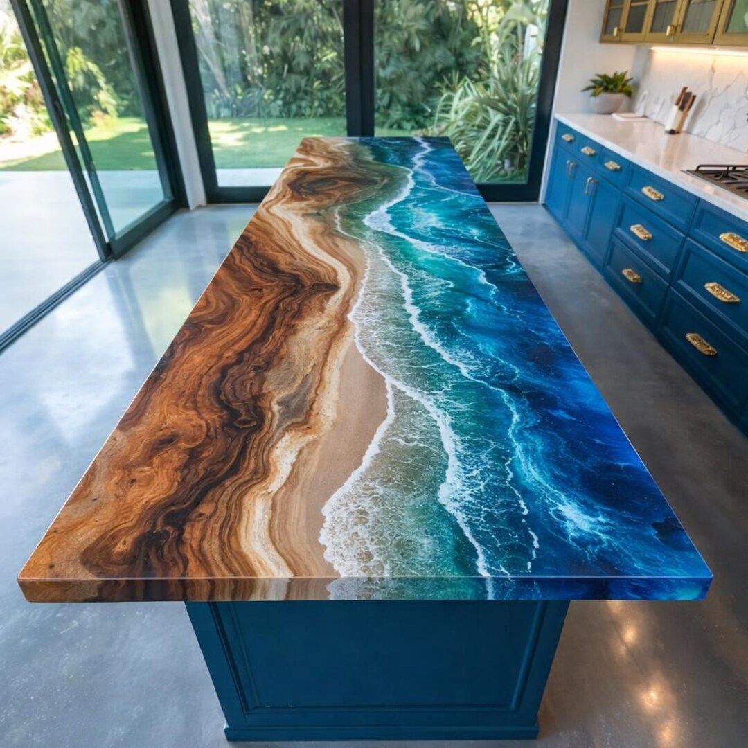 Ocean Epoxy River Kitchen Island, Beach Wave Wood Countertop, Custom ...