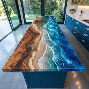 Pode incluir: Uma ilha de cozinha personalizada com um design único em resina epóxi. A ilha apresenta uma cena de praia simulada com um efeito de grão de madeira de um lado e ondas do oceano do outro. A ilha é suportada por uma base azul marinho.