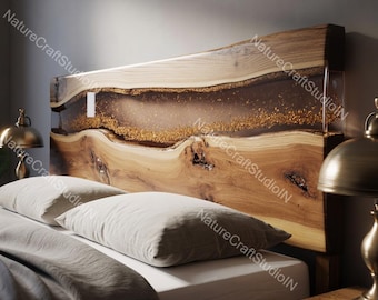 Golden River Epoxy Headboard, Walnut Wood Resin Bed Panel, Metallic Gold Flake Design, Luxury Handmade Bedroom Furniture