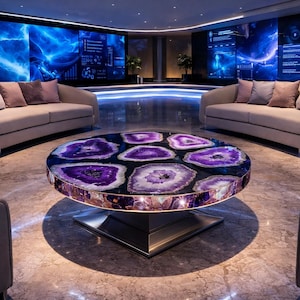 Luxury Amethyst & Agate Mosaic Coffee Table Round Geode Stone Slab, Raw Crystal Centerpiece Royal Purple Geode Table Natural Stone Furniture
