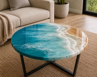 Turquoise Ocean Epoxy Coffee Table | Round Beach Wave Resin Table | Coastal Living Room Furniture