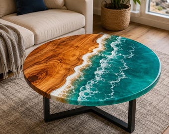 Teal Ocean Wave Epoxy Coffee Table | Round Coastal Wood Resin Table | Beach House Furniture