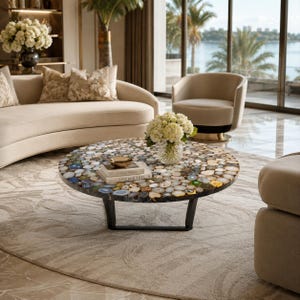 Multicolor Agate Coffee Table, Round Gemstone Center Table, Luxury Geode Table, Black Metal Base, Modern Living Room Decor
