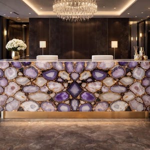 Piano di lavoro in agata ametista, isola cucina con gemma viola, piano di lavoro di lusso in cristallo, design di alta qualità per bancone bar in pietra viola