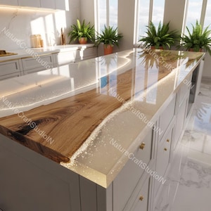 May include: A custom kitchen island with a live edge wood countertop and a clear epoxy resin finish. The island features a light wood grain and a white base with gold hardware. The countertop is approximately 10 feet long.