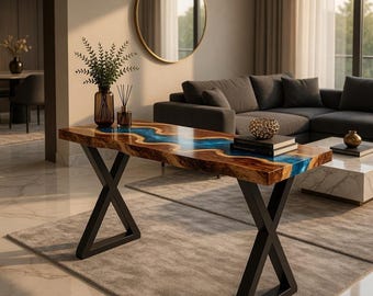 Mesa consola de lujo con resina epoxi, mesa de resina de madera con borde natural, mesa de entrada moderna con patas negras en forma de X, muebles de recibidor hechos a mano y personalizados.