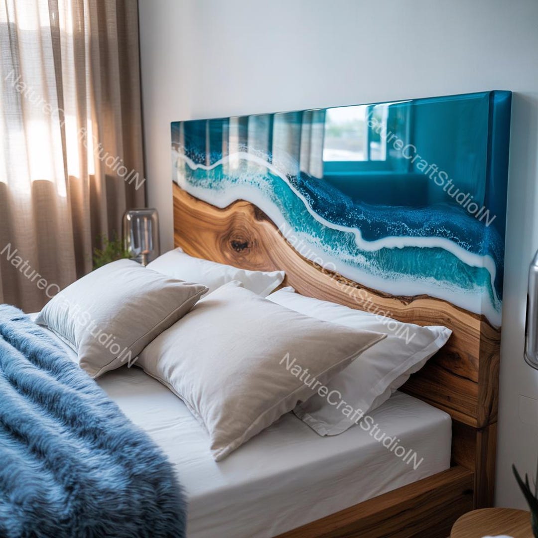 Blue Ocean Wave Epoxy Resin & Wooden Bed Headboard – Luxury Bedroom ...