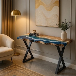 Epoxy Console Table, Ocean Style Resin Wood Table, Live Edge Entryway Console, Handmade Modern Hallway Furniture with Black X Legs