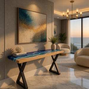 Epoxy Console Table, Ocean Wave Resin Wood Table, Coastal Entryway Furniture, Handmade Beach Style Hallway Table with X Metal Legs