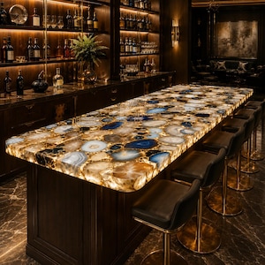 Luxury Blue Agate Backlit Bar Countertop | Gemstone Slab Table Top | Premium Home Bar & Lounge Counter
