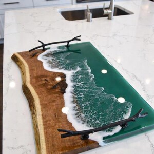 Ocean Wave Epoxy Serving Tray, Handmade Wood Resin Tray, Coastal Beach Decor Tray, Luxury Charcuterie Board, Kitchen Gift