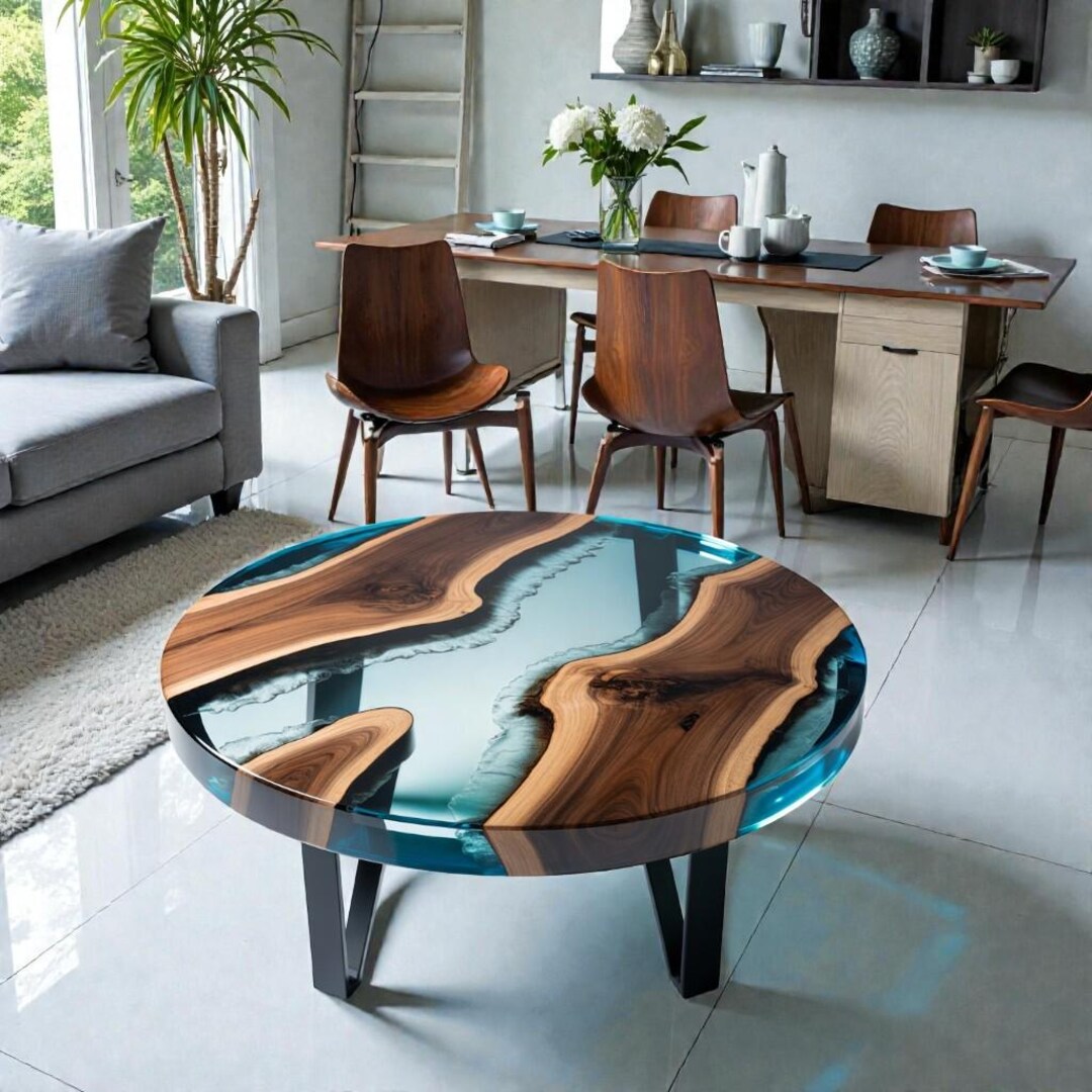 Ocean Mist Epoxy Coffee Table – Round Walnut Resin Center Table for ...