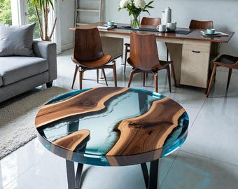 Ocean Mist Epoxy Coffee Table – Round Walnut Resin Center Table for Contemporary Interiors