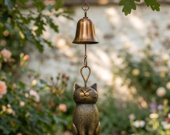 Messing kat windgong, handgemaakte hangende tuinbel, terrasdecor, geluksornament, ontspannend geluid cadeau