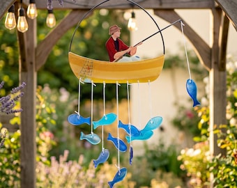 Fishing Wind Chime, Outdoor Garden Decor, Glass Boat Ornament, Hanging Fish Mobile, Nautical Sun Catcher, Patio Decoration