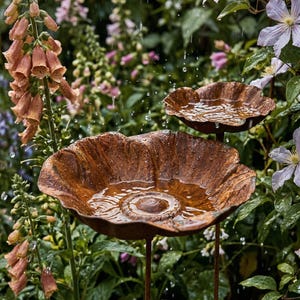Puede incluir: Dos bebederos para p&aacute;jaros en forma de flor, desgastados, en un jard&iacute;n. Las cuencas de metal marr&oacute;n oxidado est&aacute;n llenas de agua, reflejando la vegetaci&oacute;n y las flores circundantes. Se ven gotas de lluvia, creando una escena tranquila. El jard&iacute;n presenta flores rosas y moradas.