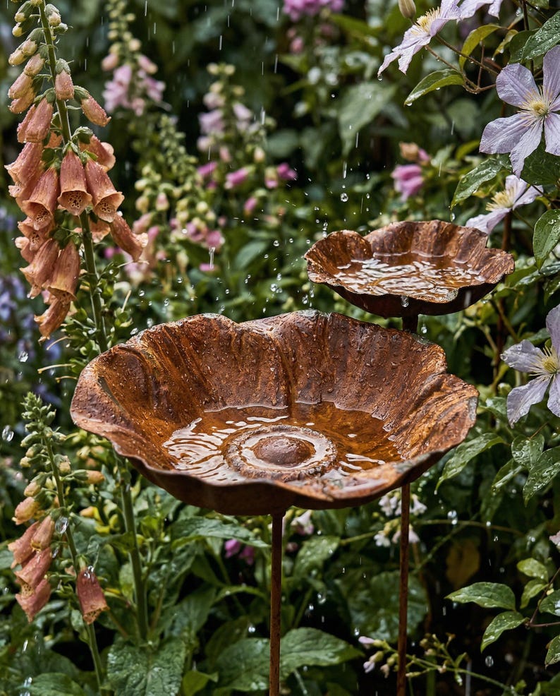 Puede incluir: Dos bebederos para p&aacute;jaros en forma de flor, desgastados, en un jard&iacute;n. Las cuencas de metal marr&oacute;n oxidado est&aacute;n llenas de agua, reflejando la vegetaci&oacute;n y las flores circundantes. Se ven gotas de lluvia, creando una escena tranquila. El jard&iacute;n presenta flores rosas y moradas.
