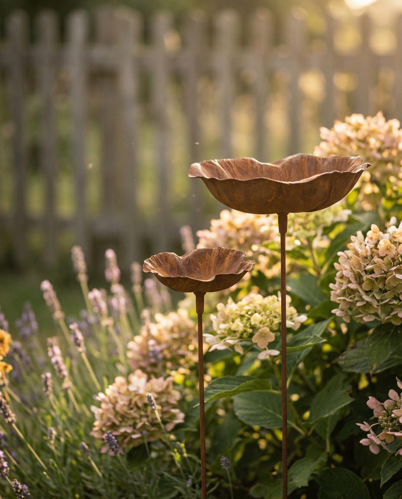 Puede incluir: Dos bebederos decorativos de metal con aspecto envejecido y dise&ntilde;o floral. Los bebederos son marrones y se alzan sobre finos postes. Est&aacute;n situados en un jard&iacute;n con arbustos de lavanda e hortensias, con una valla de madera al fondo.
