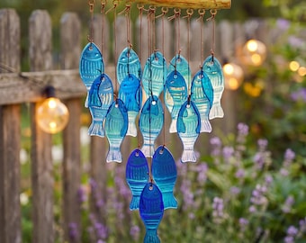 Blauw glas hangende windgong, glazen vis windgong, handgemaakt visornament, terras balkondecor, glazen vis windgong