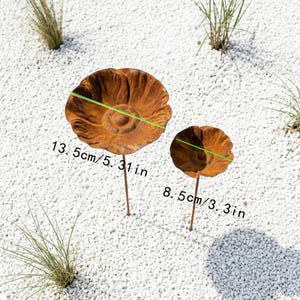 Puede incluir: Dos estacas de jard&iacute;n de metal marr&oacute;n oxidado con forma de flor. La flor m&aacute;s grande mide 13,5 cm de di&aacute;metro y la m&aacute;s peque&ntilde;a 8,5 cm. Las estacas est&aacute;n colocadas en un lecho de guijarros blancos con hierba verde.