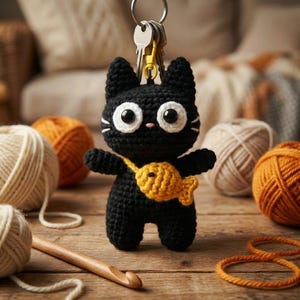 Patrón de llavero de gato a crochet en PDF, animales de crochet para principiantes, llavero de gato amigurumi, descarga digital instantánea