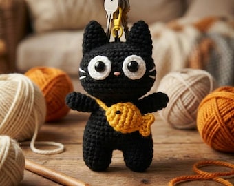 Motif de porte-clé chat au crochet PDF, animaux au crochet pour débutants, porte-clé chat Amigurumi, téléchargement immédiat