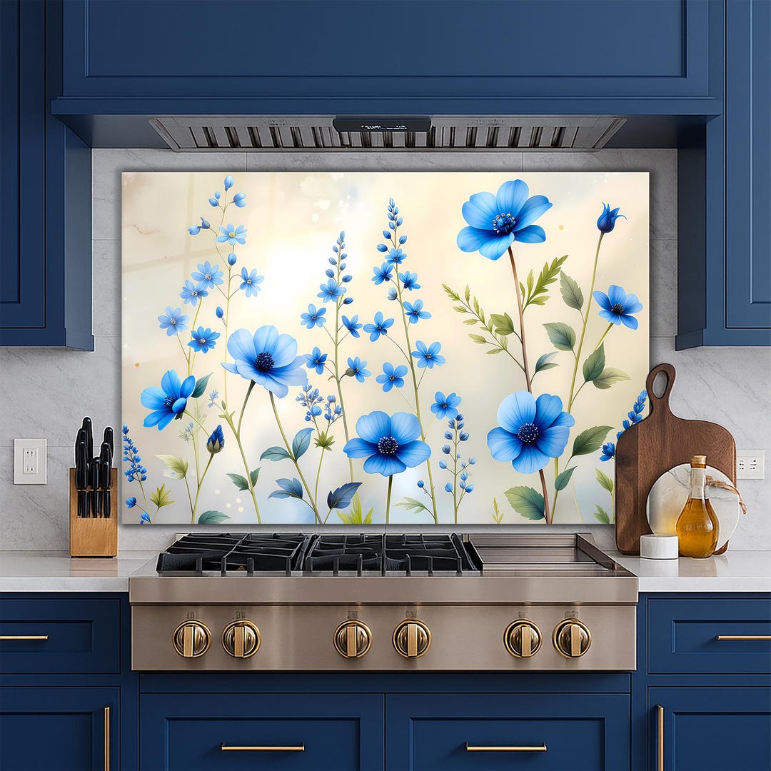 Blue Flowers Tempered Glass Backsplash: Heat Resistant Cooker ...