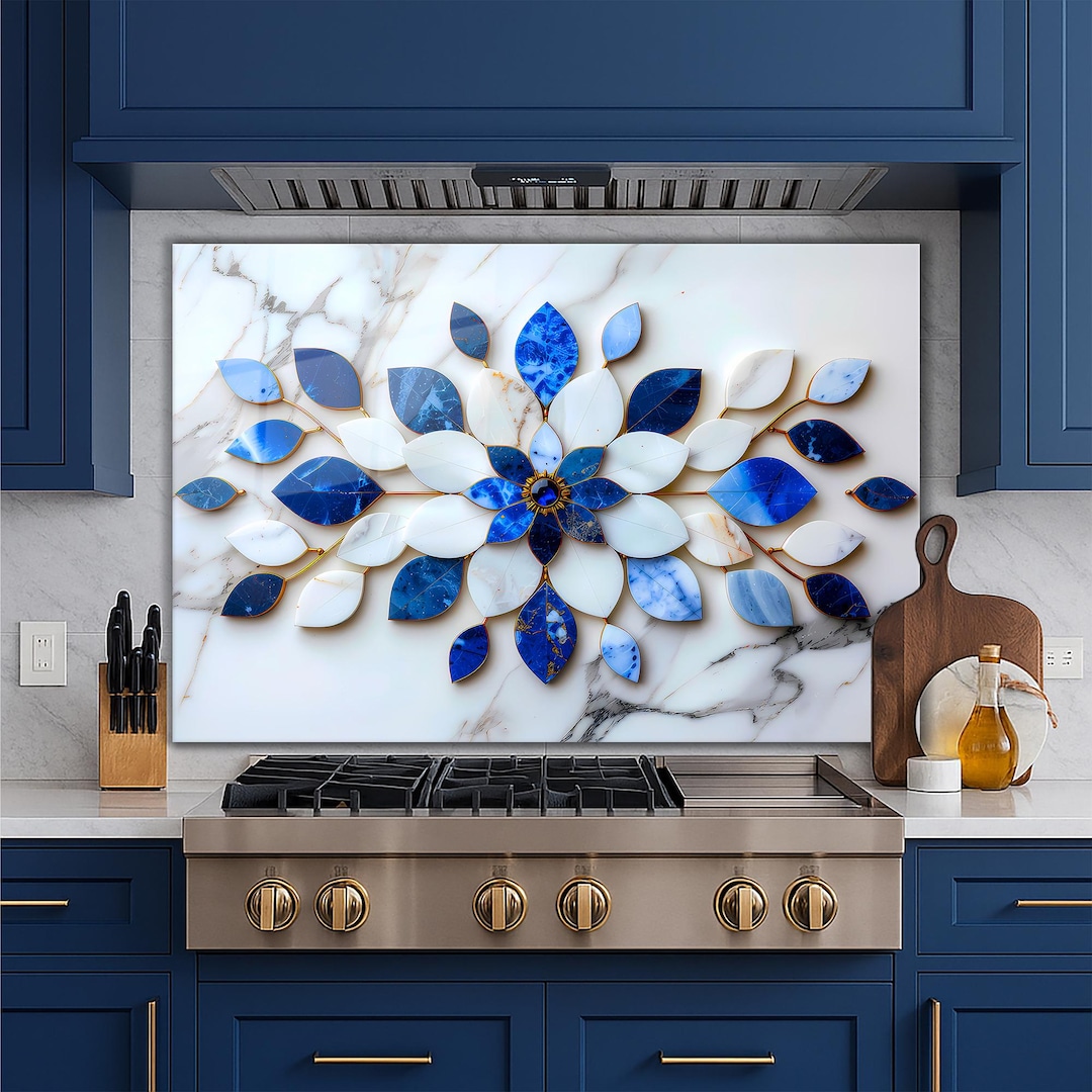 Blue Marble Floral Tempered Glass Backsplash: Heat Resistant Cooker ...