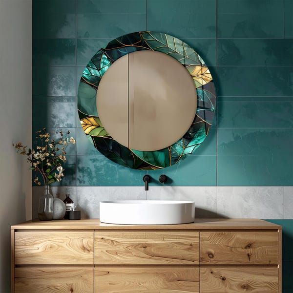 Green Floral Tempered Glass Round Wall Mirror Decor: Modern Bathroom Vanity Mirror