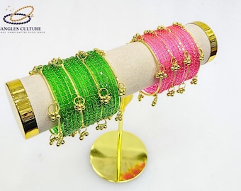 Regentropfen Glas und Kashmiri Ghungroo Armreife Sets | Ghungroo Gold Armreifen | Set Glas Braut Churiya | Trending Raindrop Armreifen