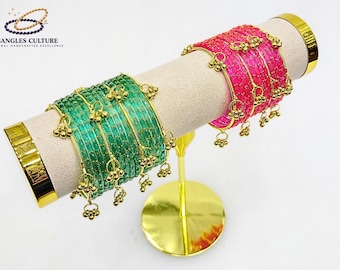Regentropfen Glas und Kashmiri Ghungroo Armreife Sets | Ghungroo Gold Armreifen |  Set Glas Braut Churiya | Trending Raindrop Armreifen